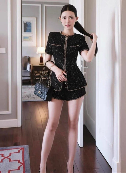 Women's 2 piece set tweed golden zipper with short pant