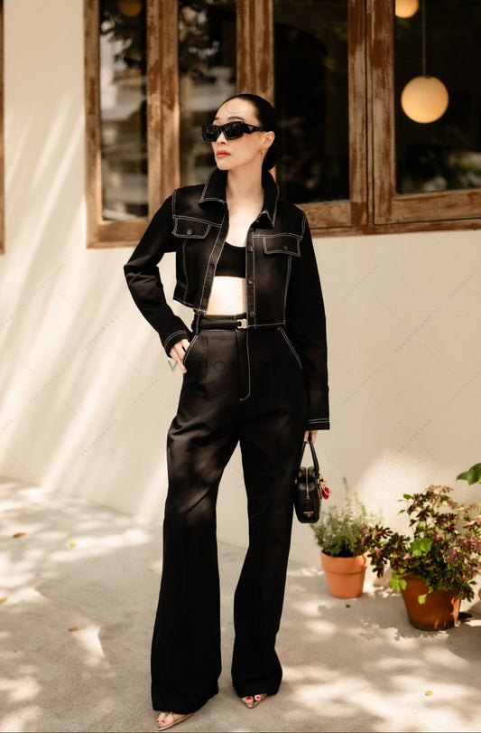 Women's two piece sets denim crop shirt & straight leg pant