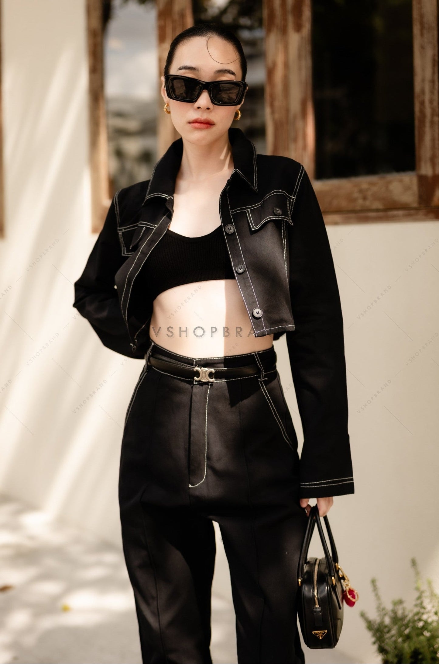 Women's two piece sets denim crop shirt & straight leg pant