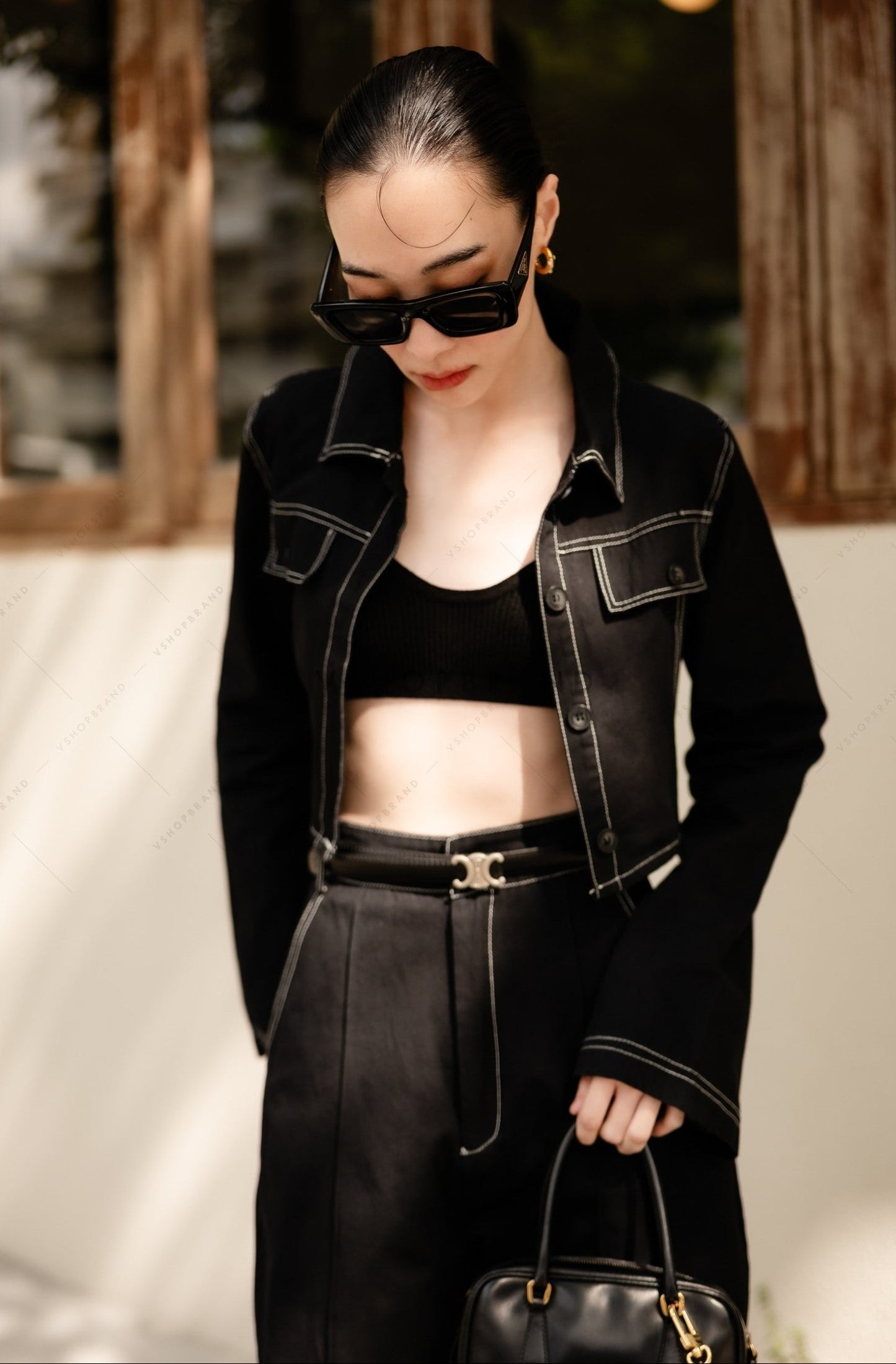 Women's two piece sets denim crop shirt & straight leg pant