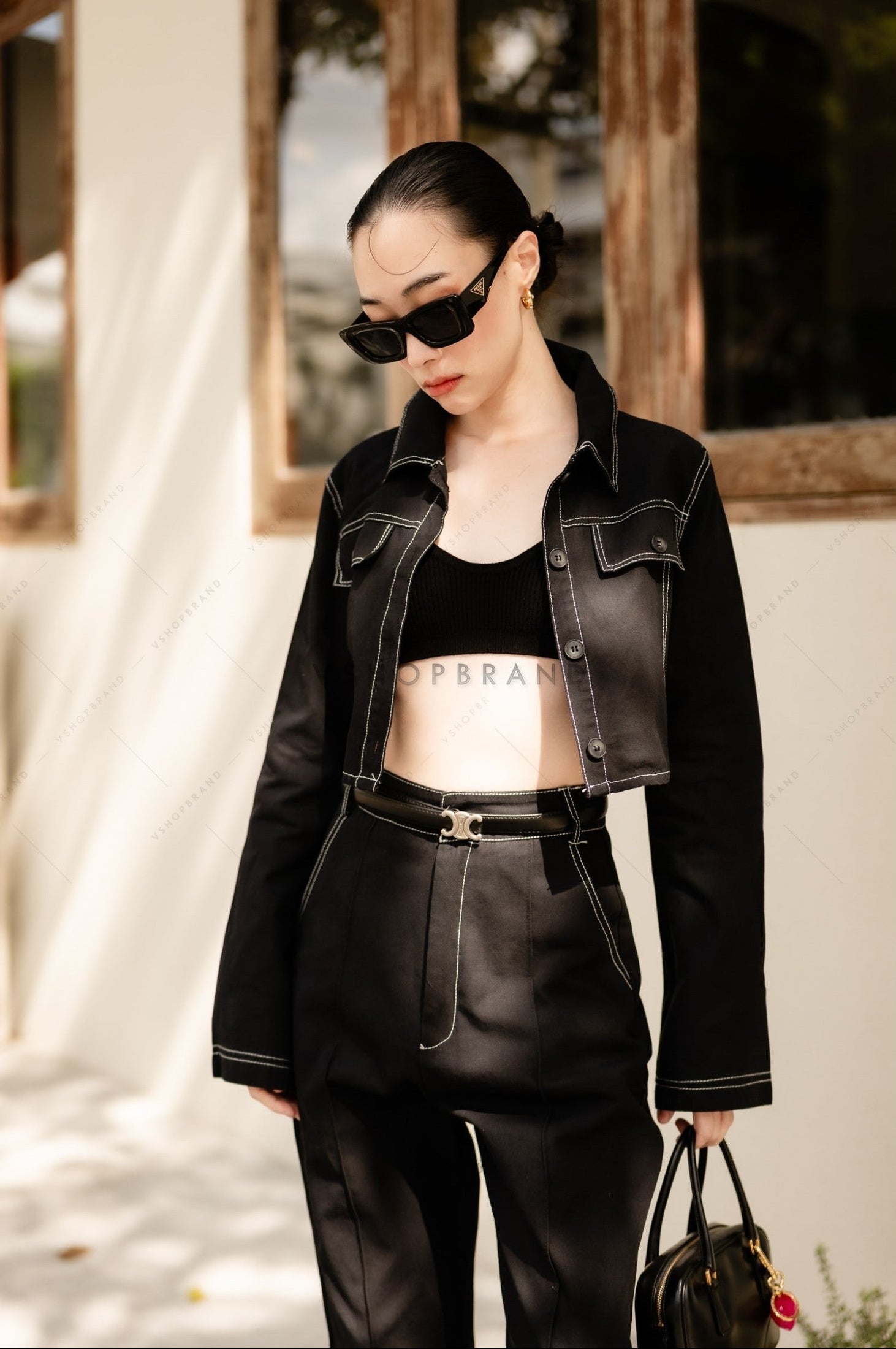 Women's two piece sets denim crop shirt & straight leg pant