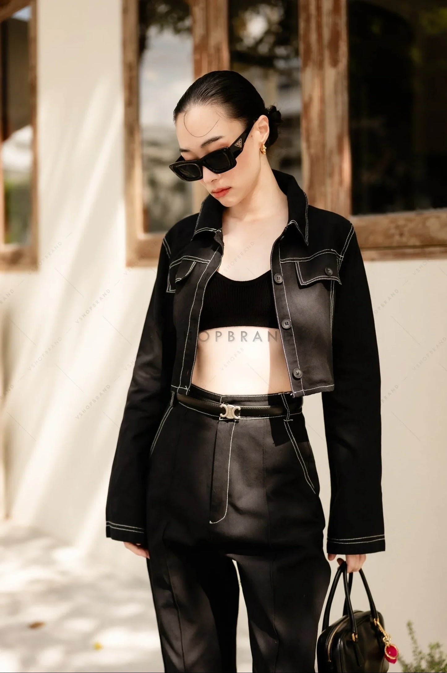 Women's two piece sets denim crop shirt & straight leg pant