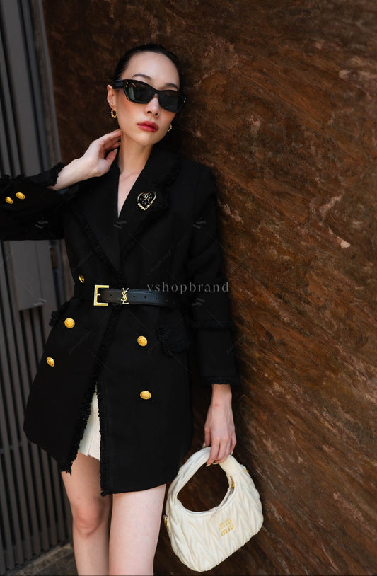 Women's Wool Coat Jacket With Belt and Brooch