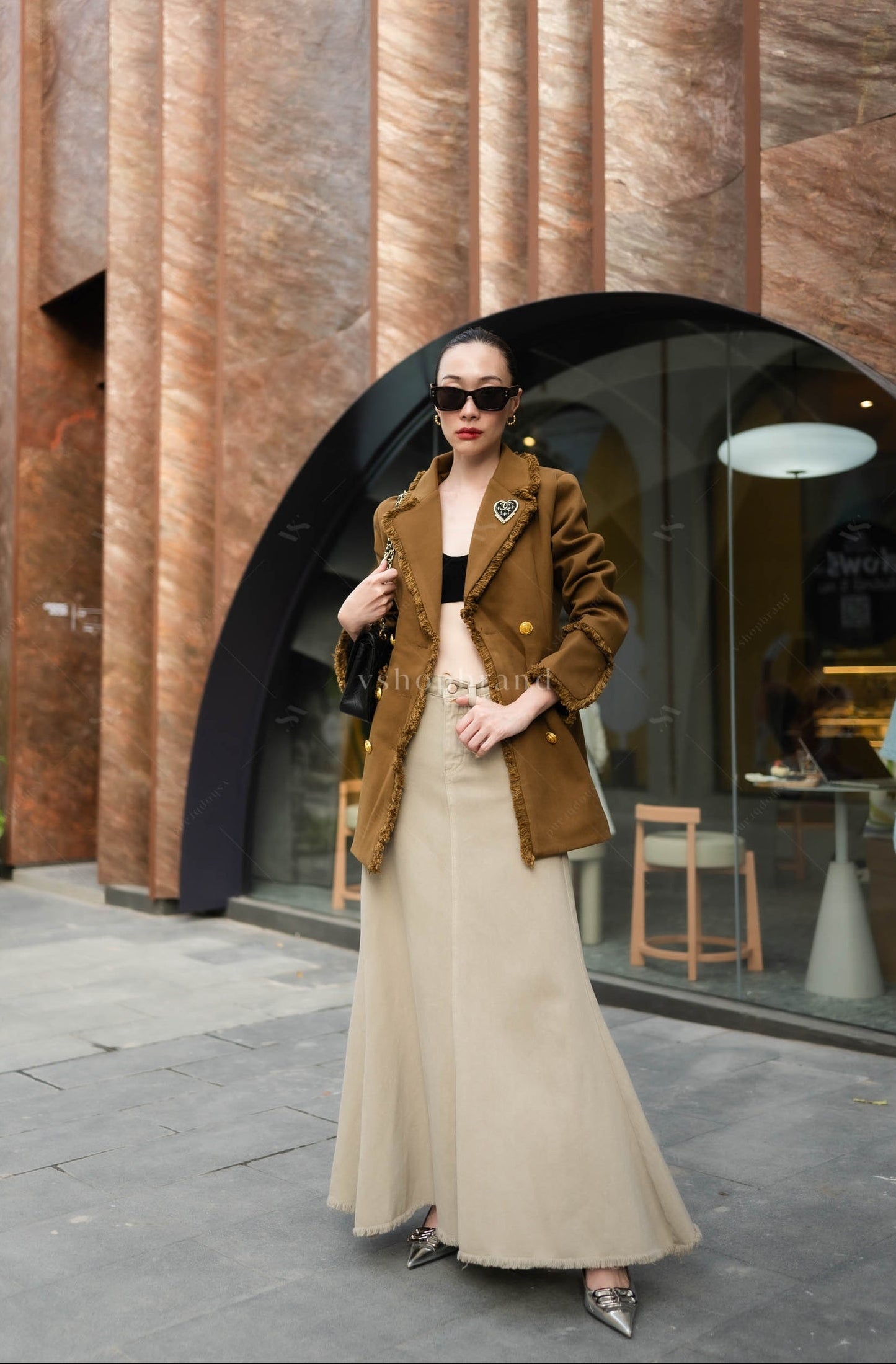 Women's Wool Coat Jacket With Belt and Brooch
