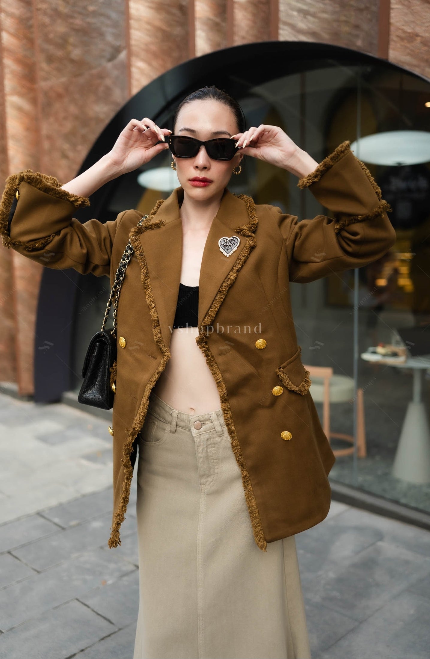 Women's Wool Coat Jacket With Belt and Brooch