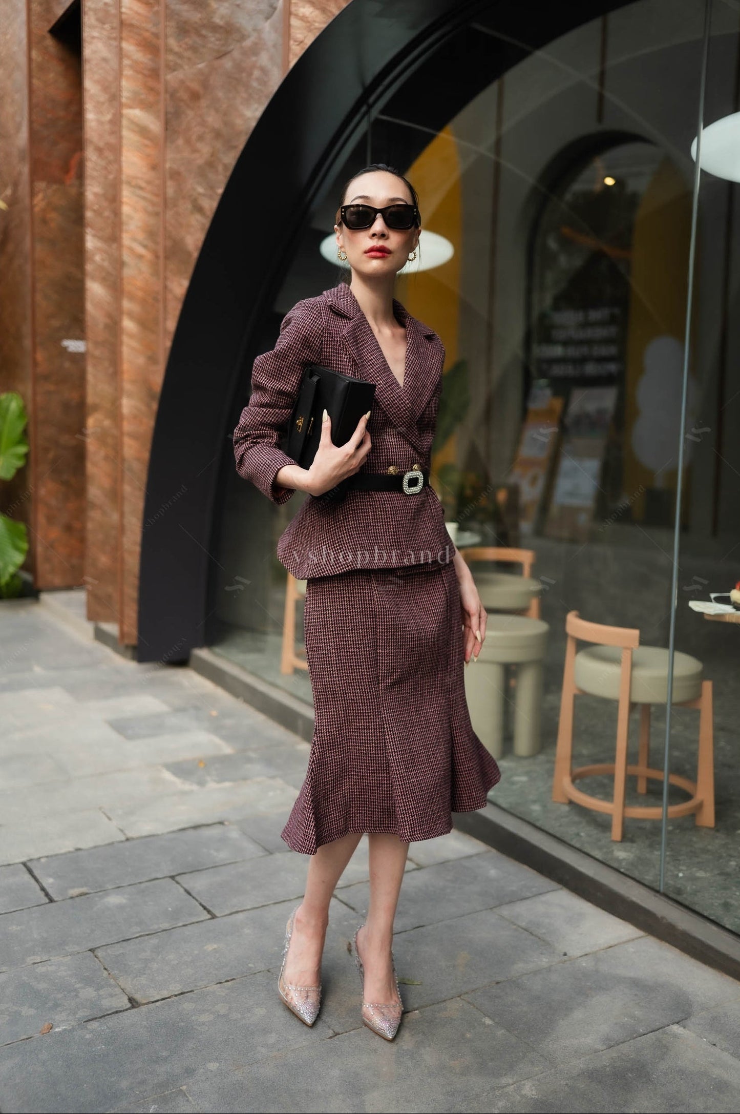 Women's business clothing sets Tweed Blazer Suit with Belt and Fish Tail Skirt