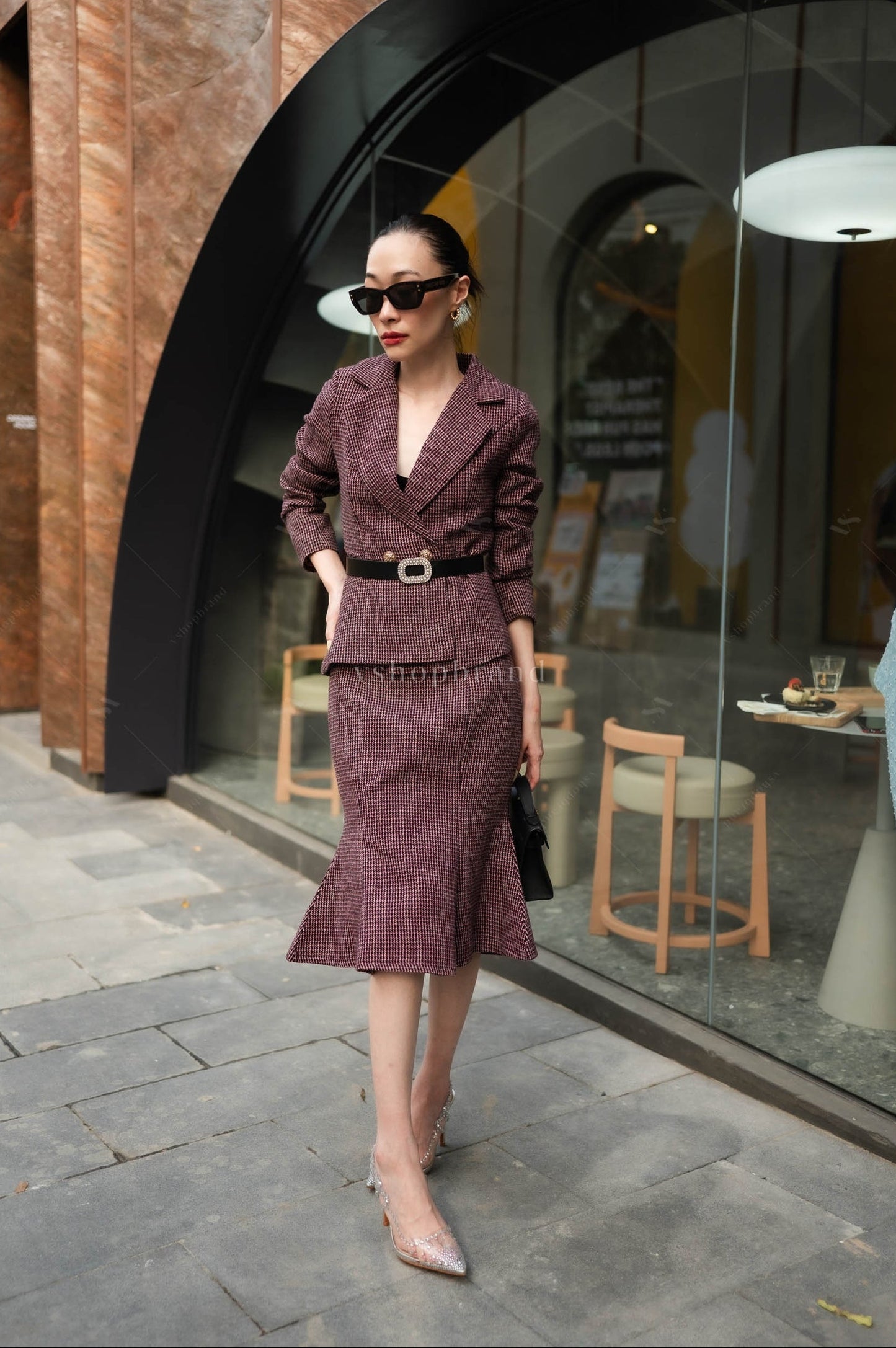 Women's business clothing sets Tweed Blazer Suit with Belt and Fish Tail Skirt