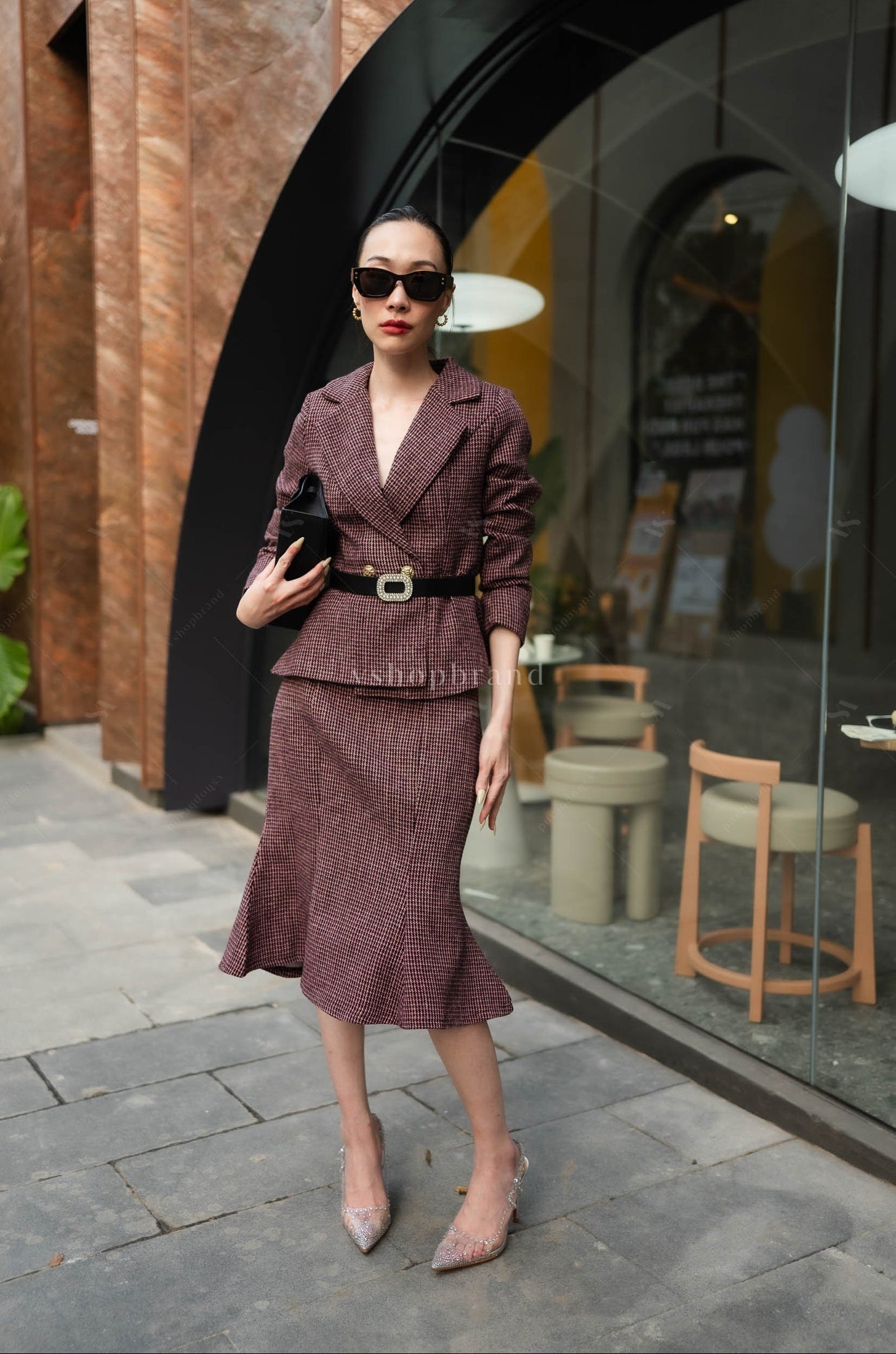 Women's business clothing sets Tweed Blazer Suit with Belt and Fish Tail Skirt