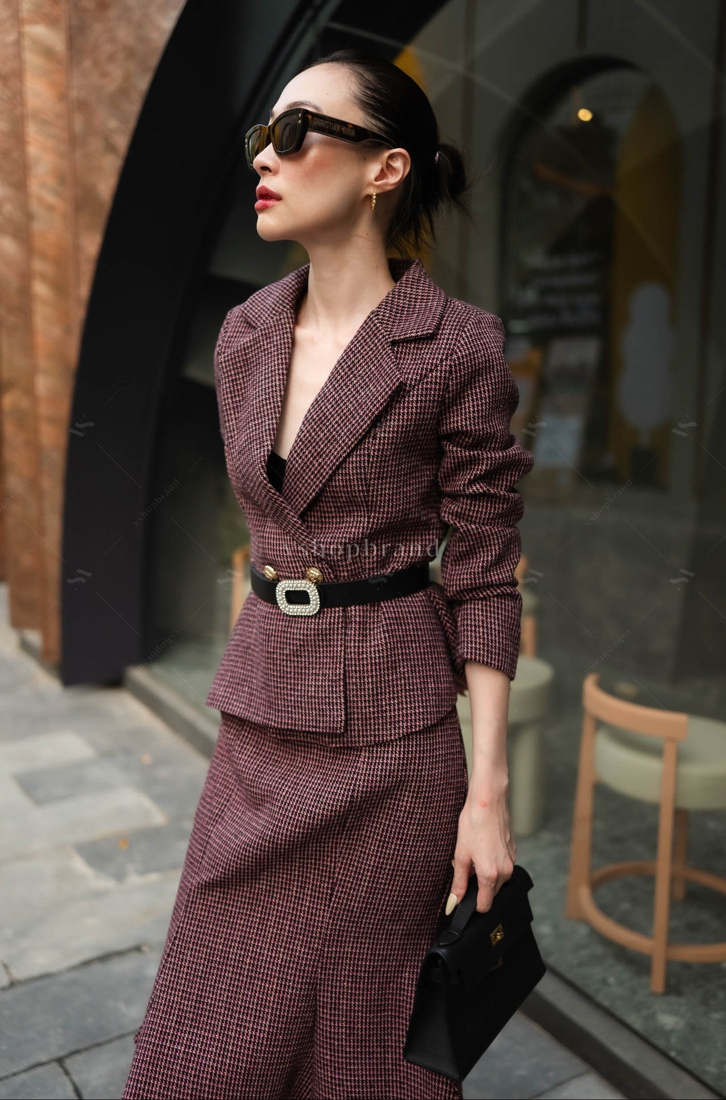 Women's business clothing sets Tweed Blazer Suit with Belt and Fish Tail Skirt
