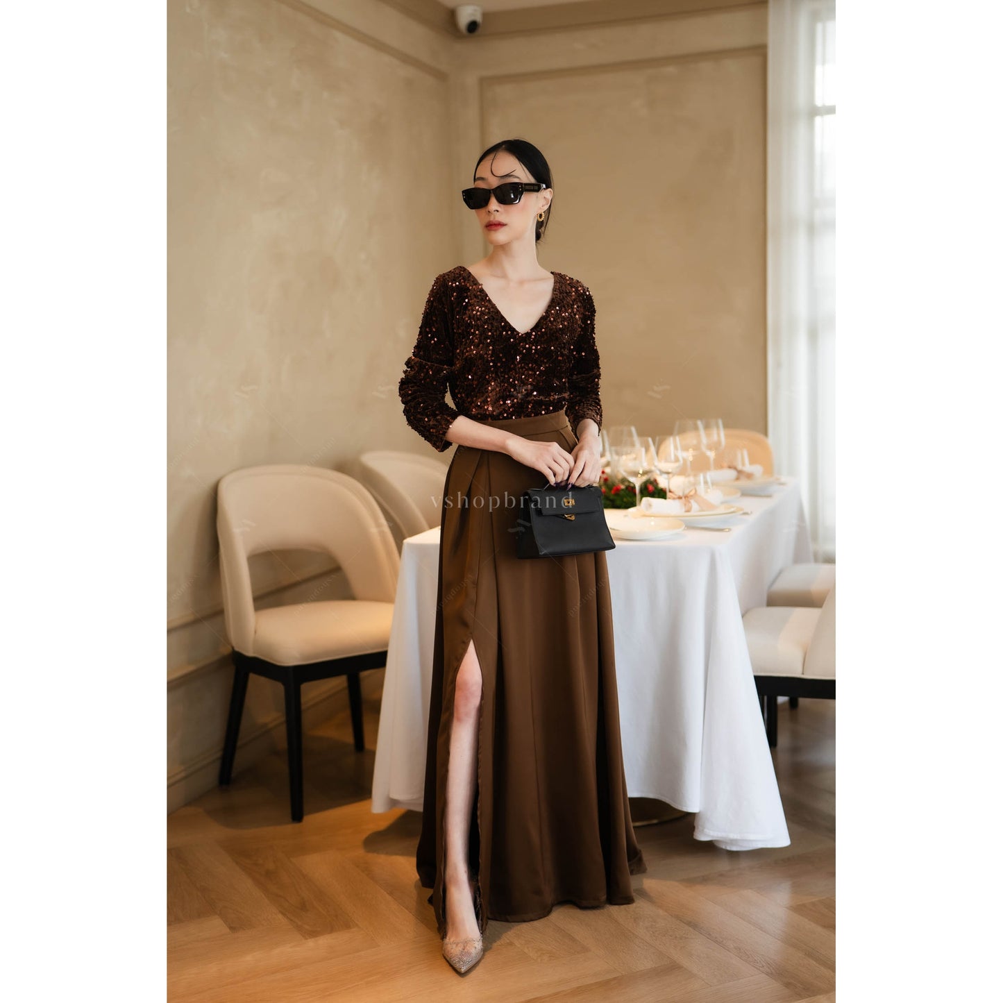 Women's Maxi Dress Elegant V-neck Sequin Split Front