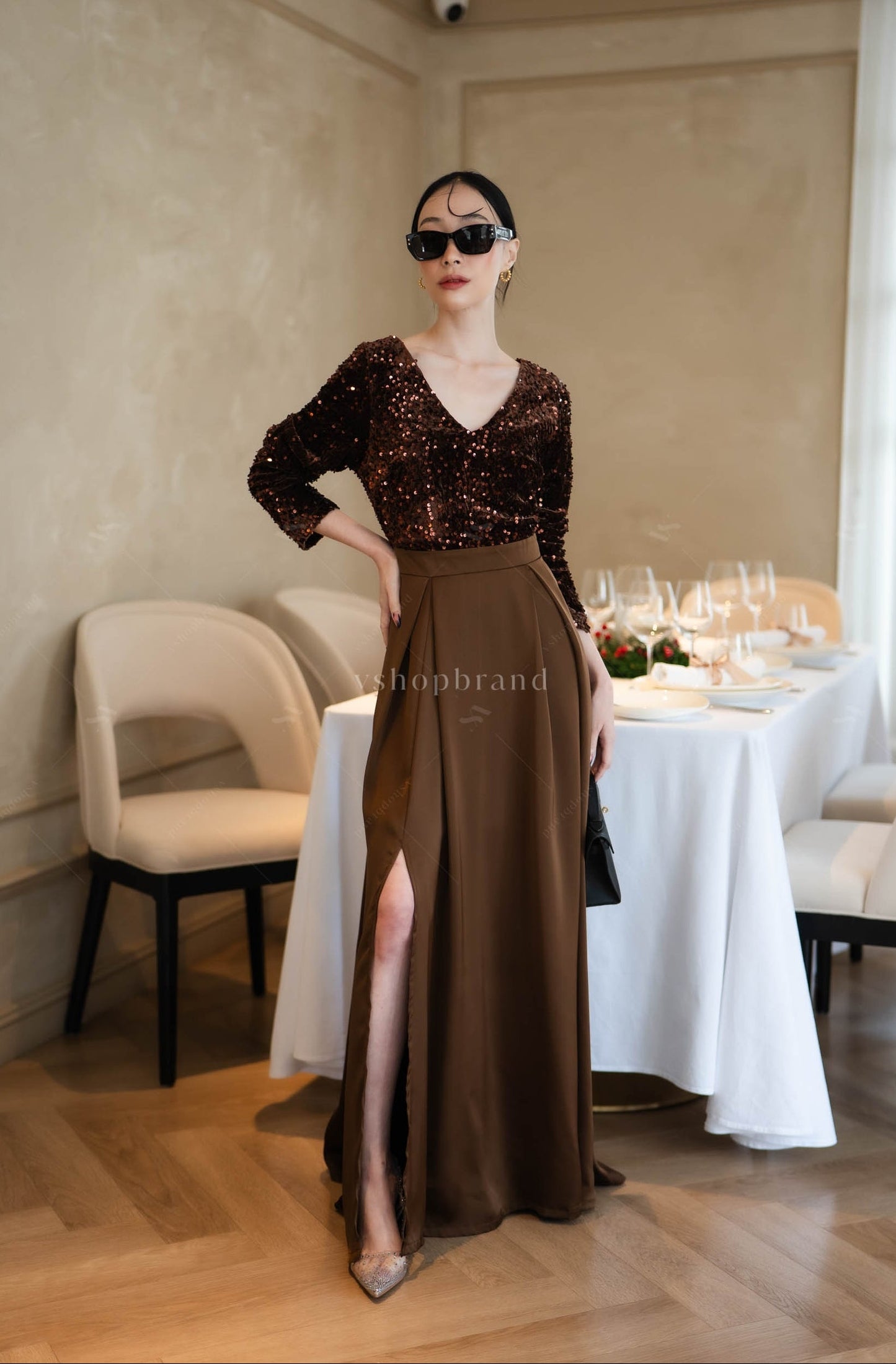 Women's Maxi Dress Elegant V-neck Sequin Split Front