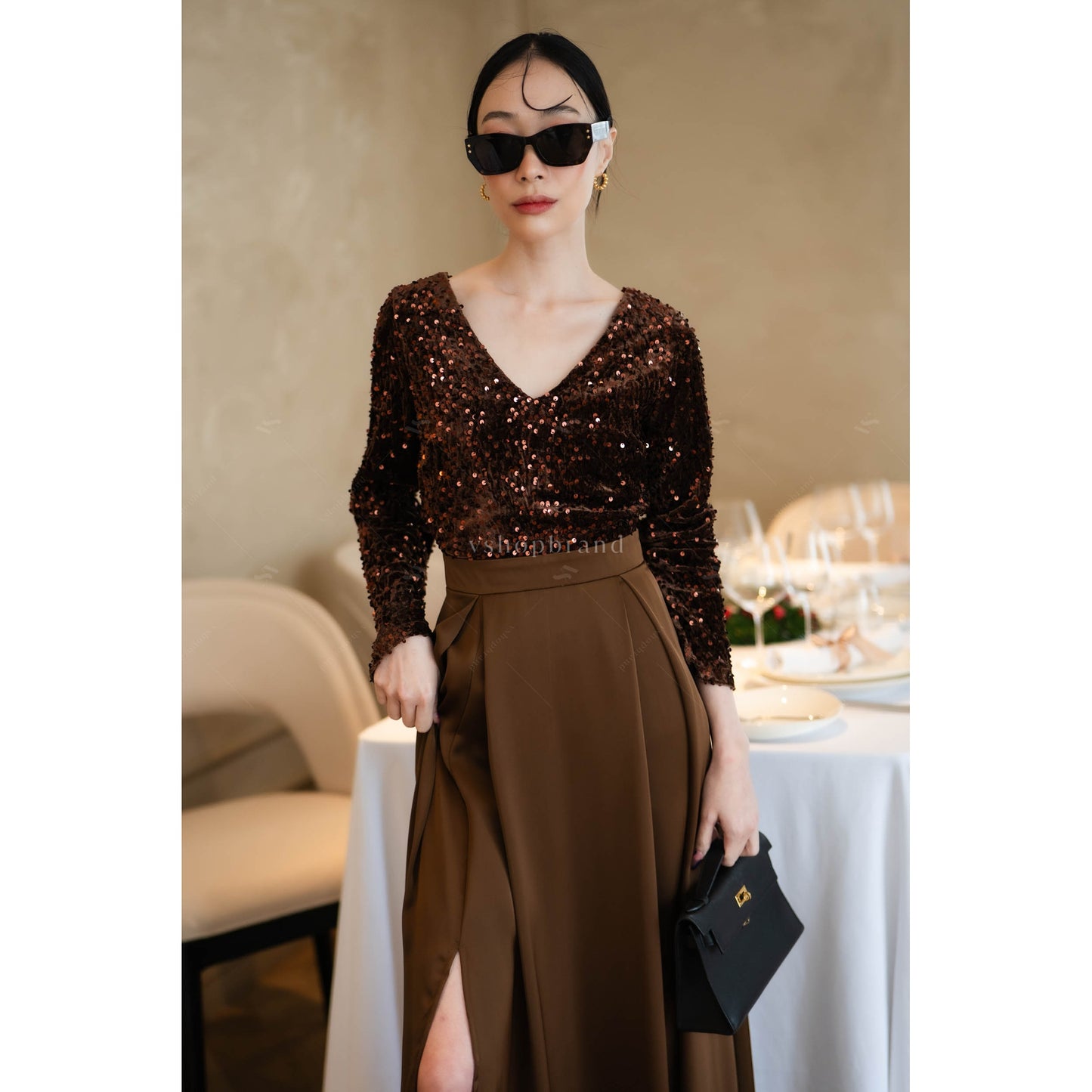 Women's Maxi Dress Elegant V-neck Sequin Split Front
