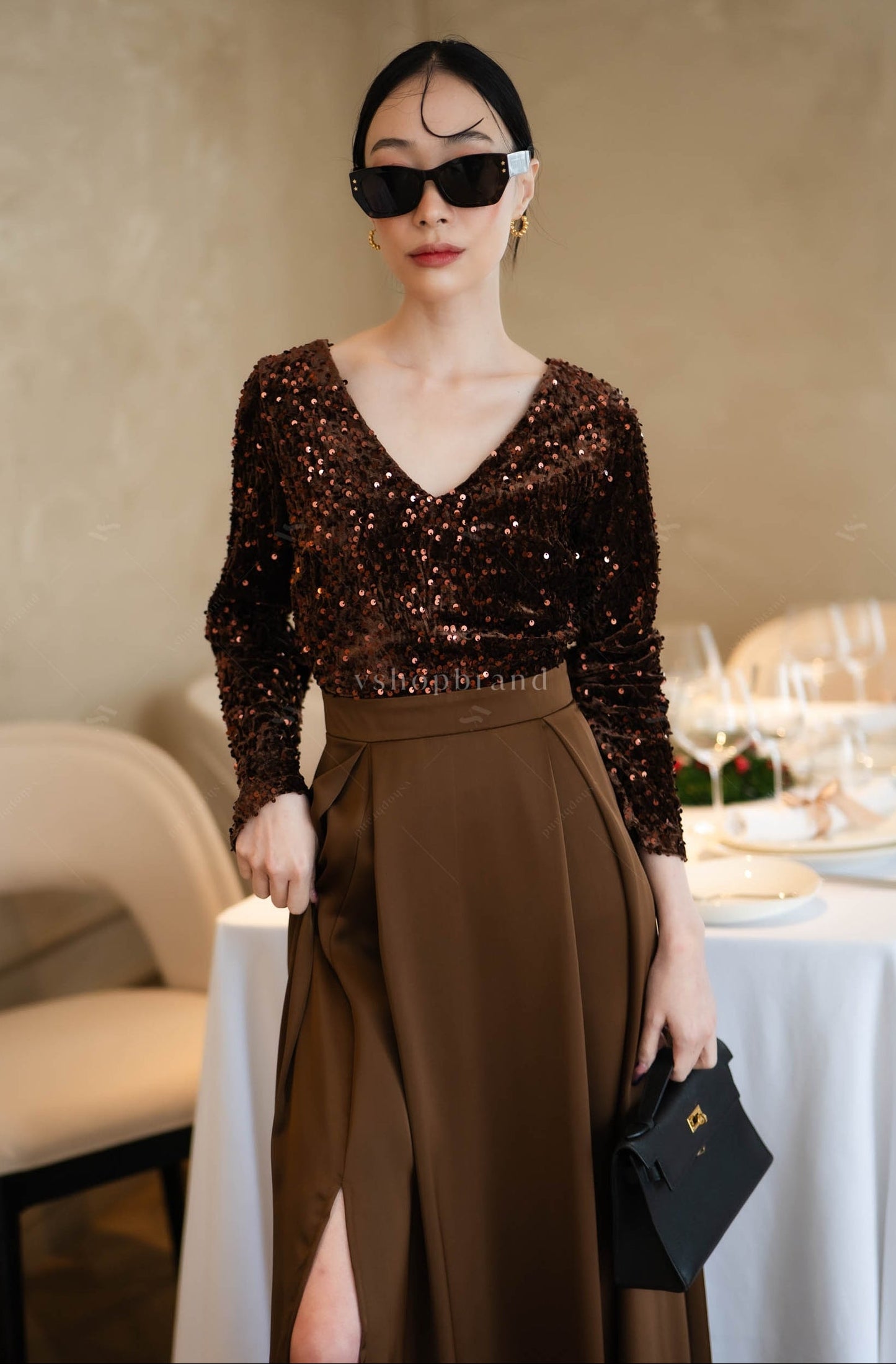 Women's Maxi Dress Elegant V-neck Sequin Split Front