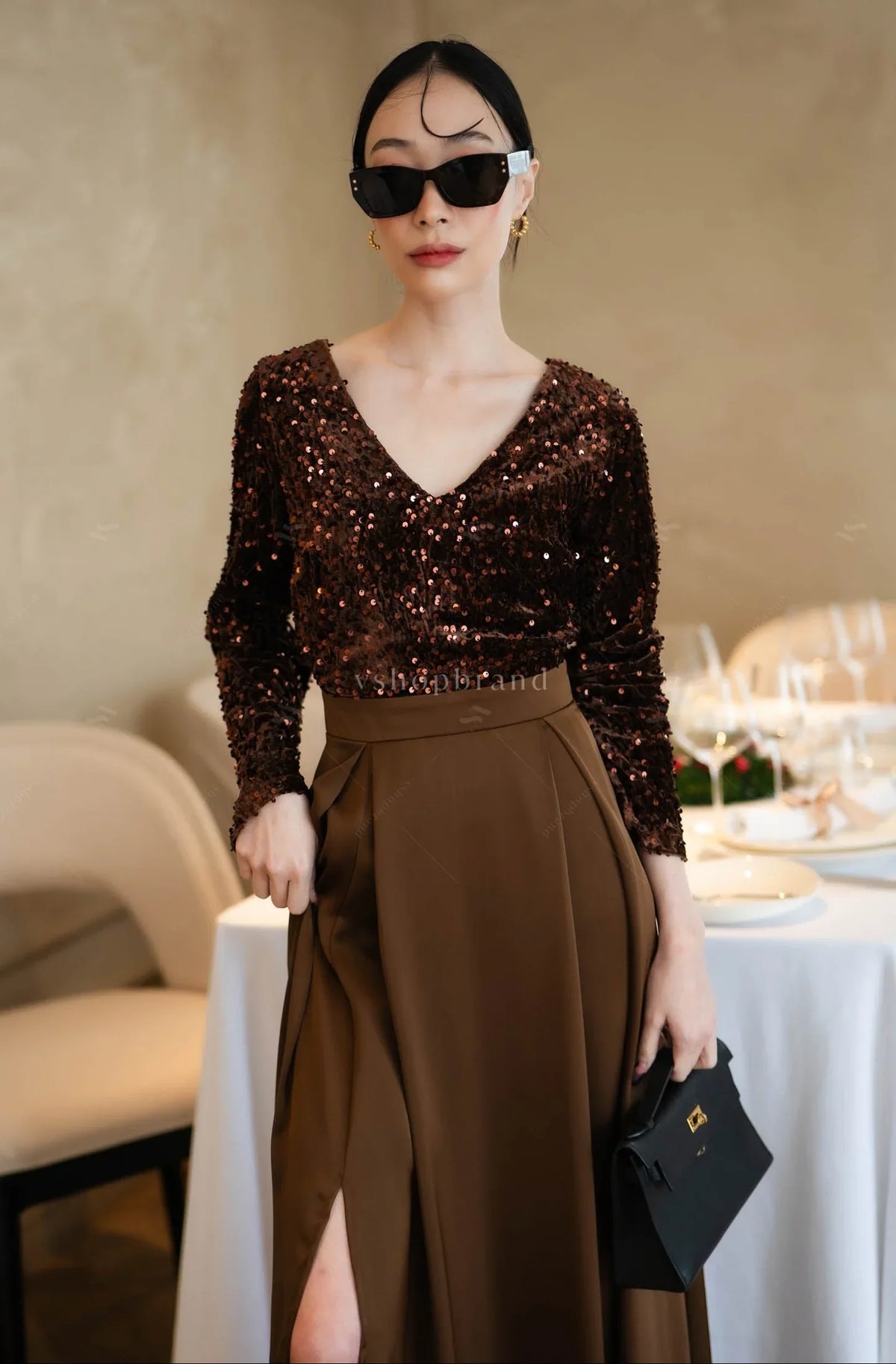 Women's Maxi Dress Elegant V-neck Sequin Split Front