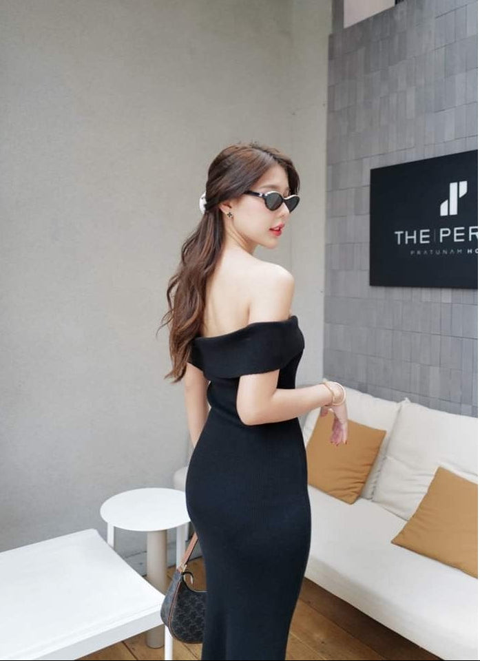 Women's fold-over off shoulder slim fit knitted dress