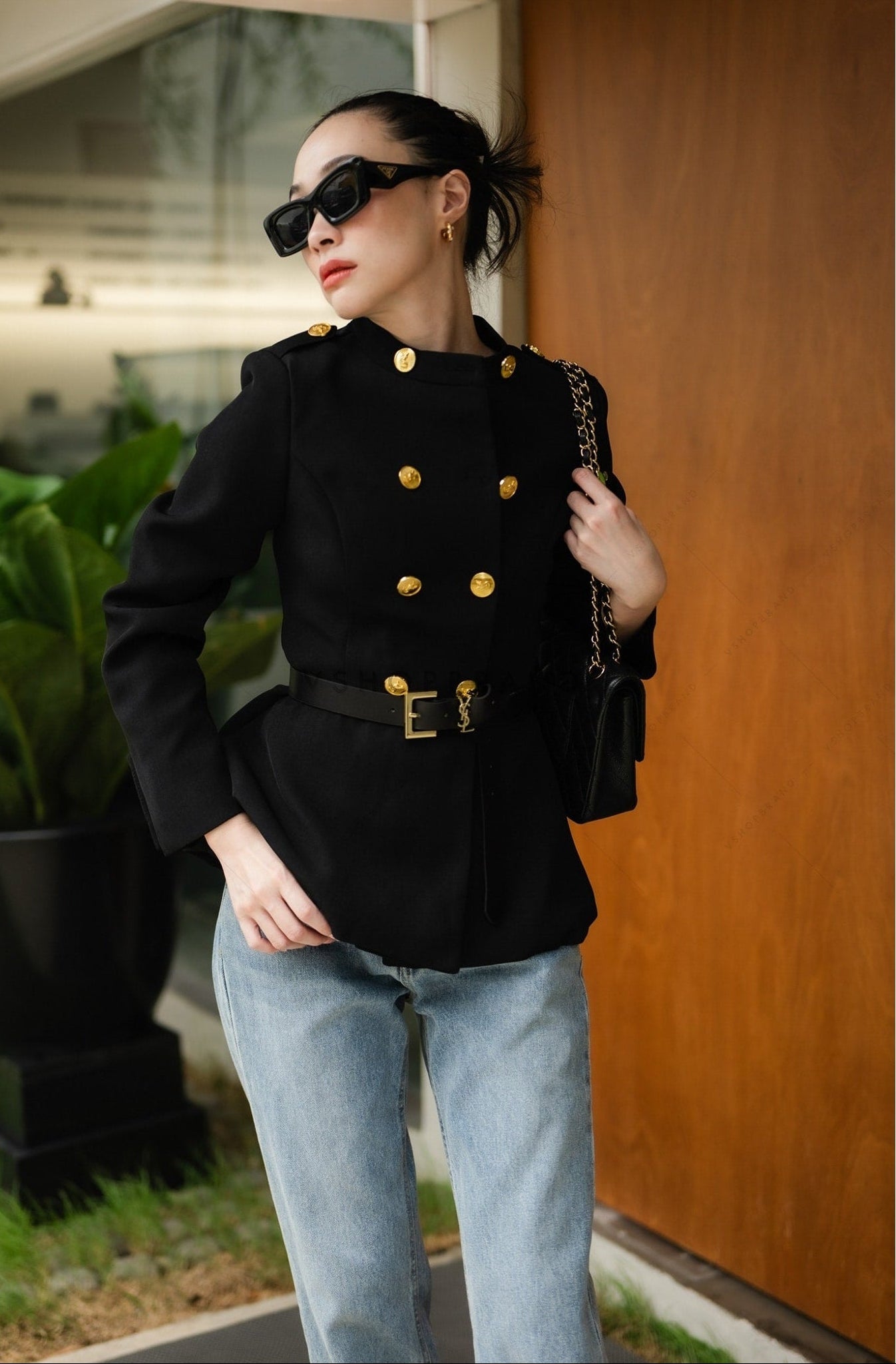 Women's Black Blazer pattern suit gold button hem shape with belt