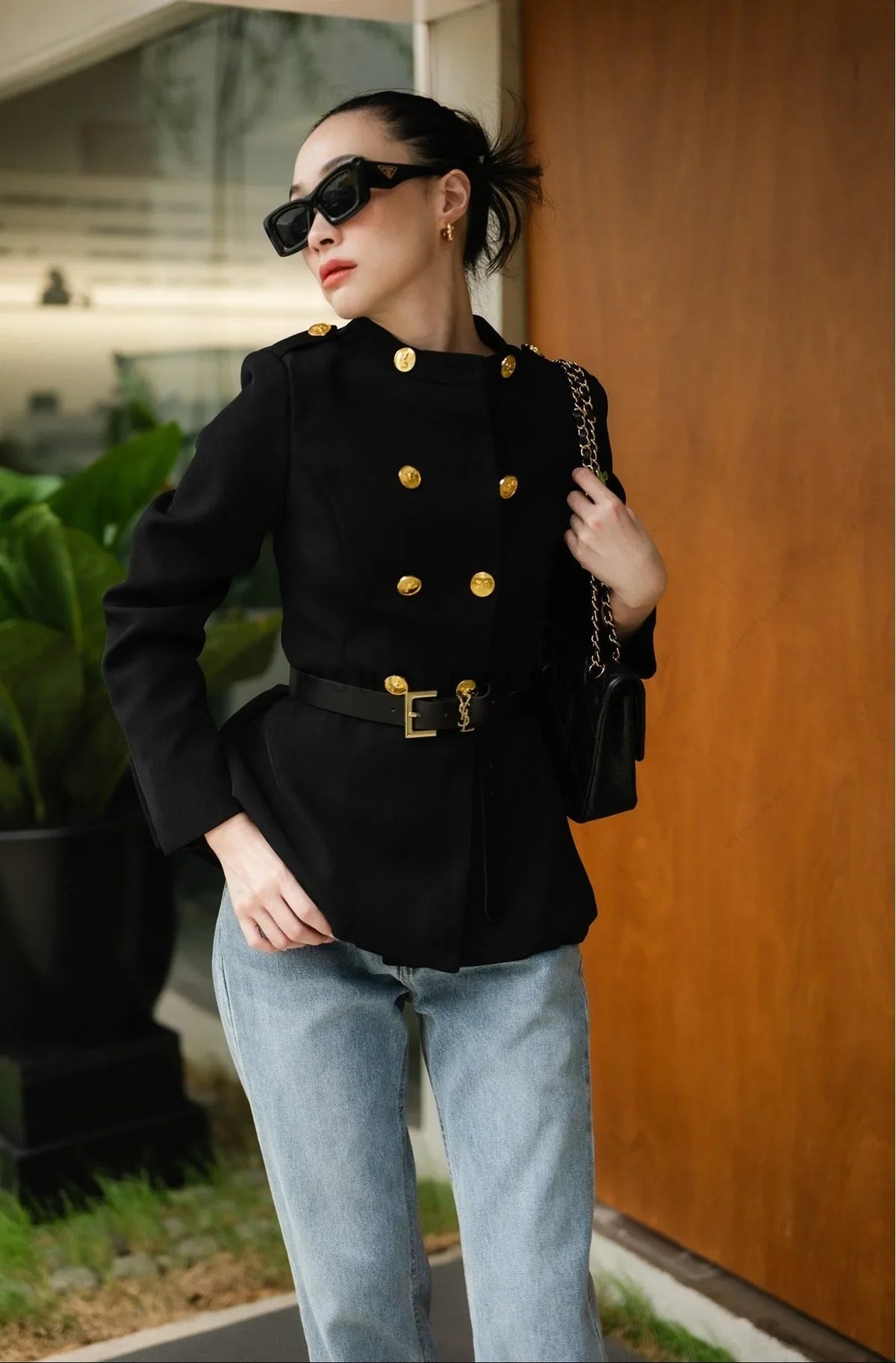 Women's Black Blazer pattern suit gold button hem shape with belt