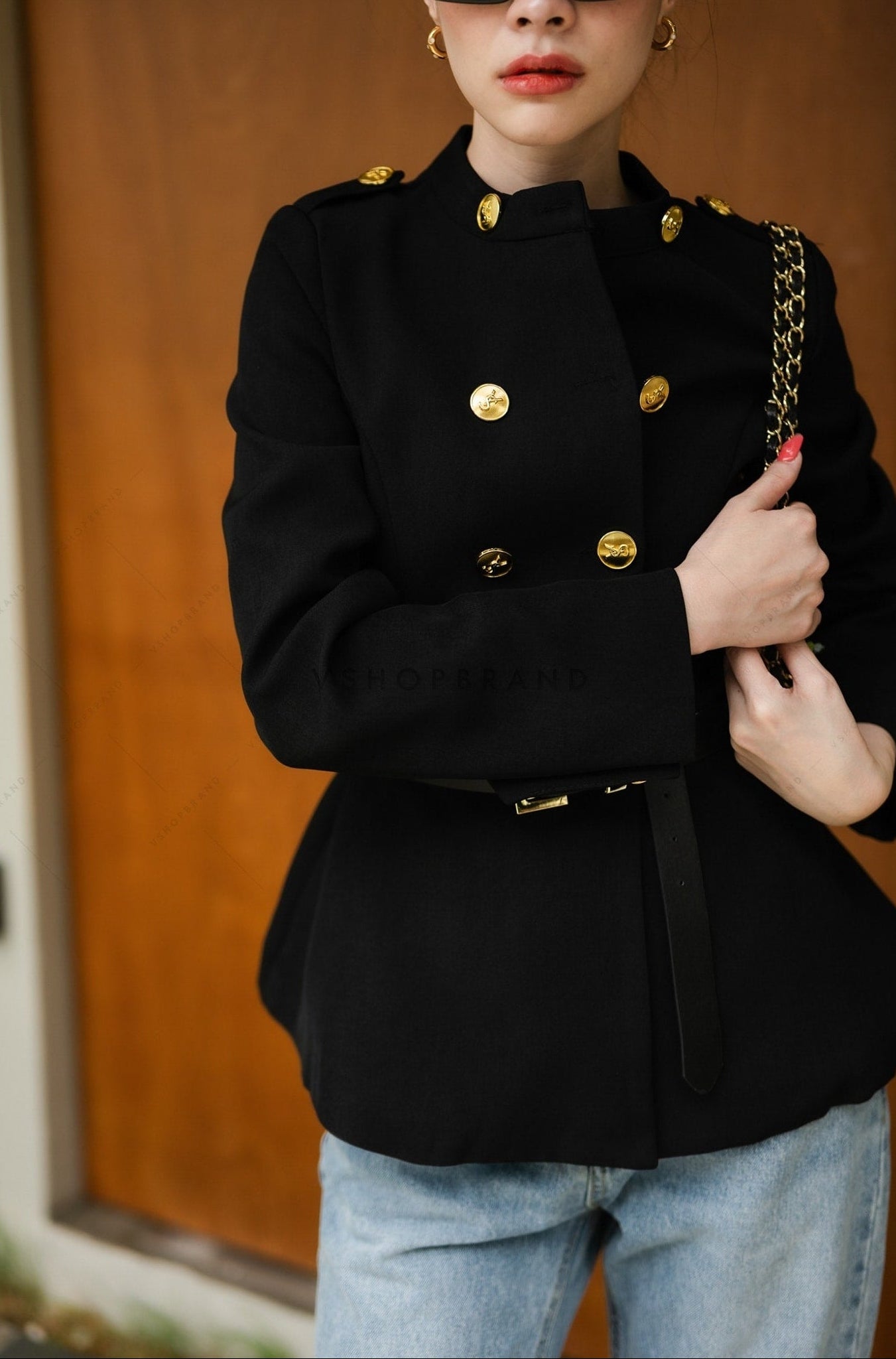 Women's Black Blazer pattern suit gold button hem shape with belt