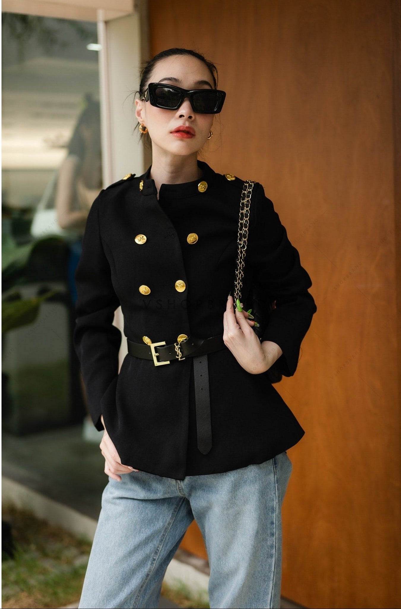 Women's Black Blazer pattern suit gold button hem shape with belt