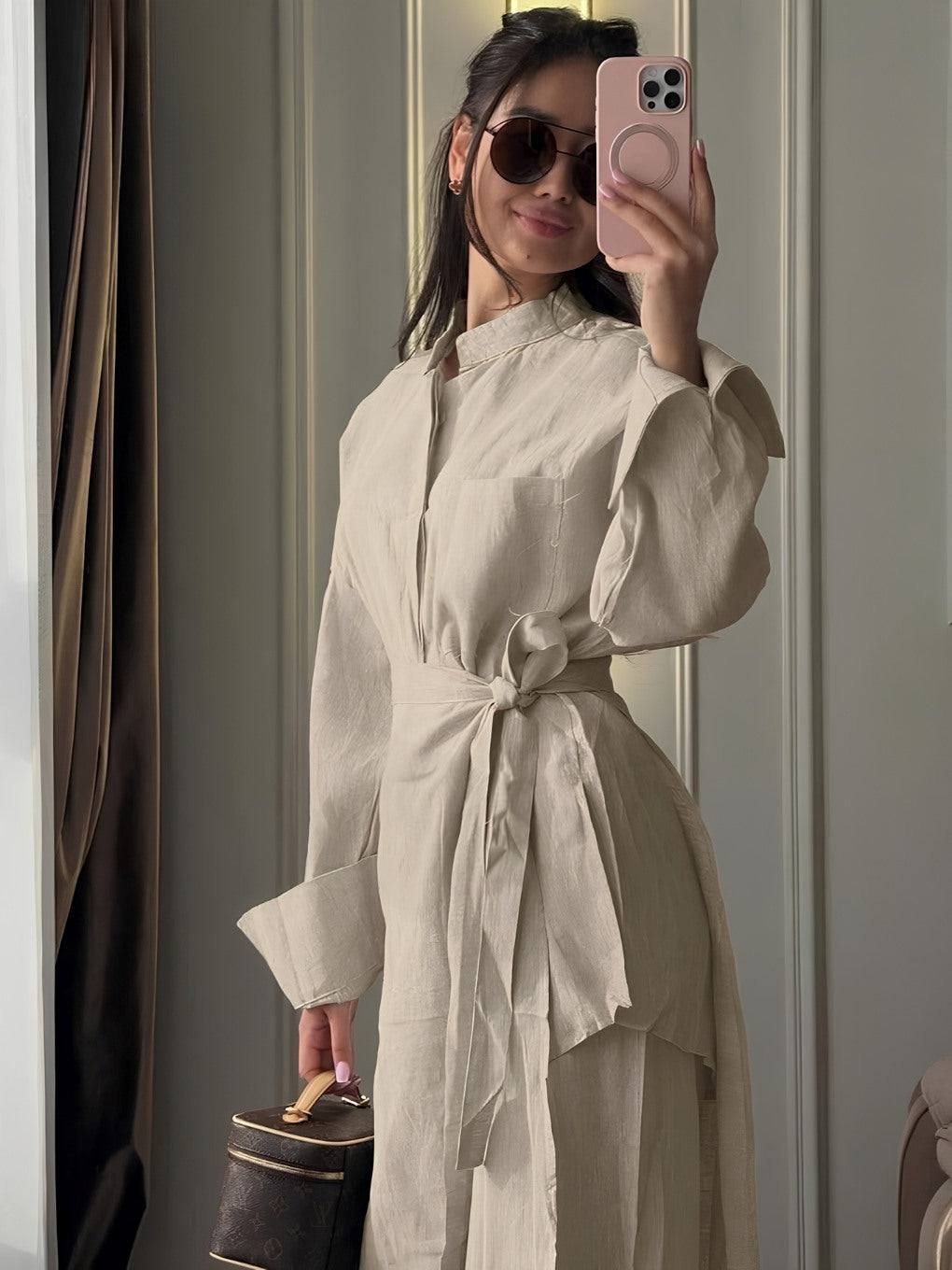 Women's Cotton 3-Piece Set with Waist Tie, Stand Collar & Wide Leg Pant