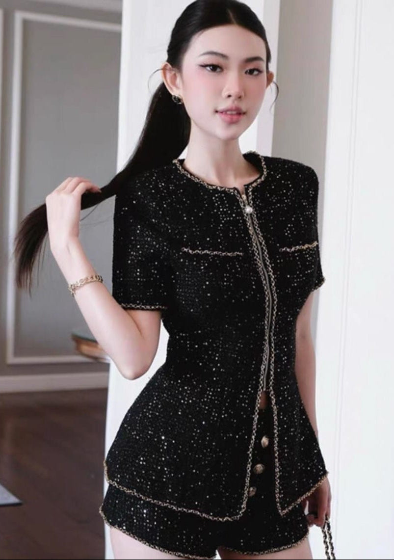 Women's 2 piece set tweed golden zipper with short pant