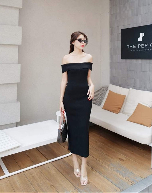 Women's fold-over off shoulder slim fit knitted dress