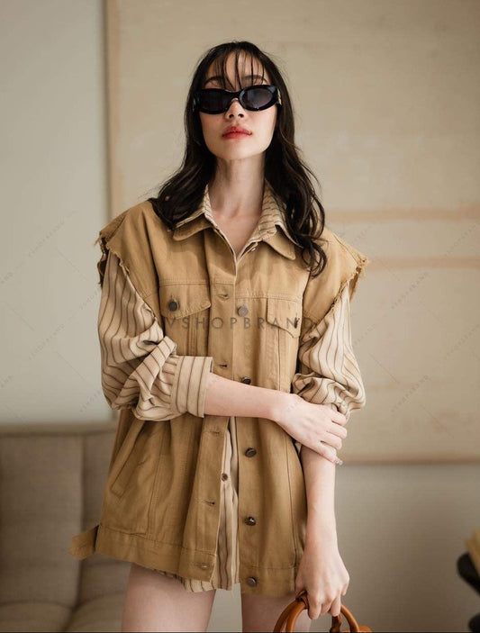 Women's two piece sets striped shirt & vest denim cap sleeves