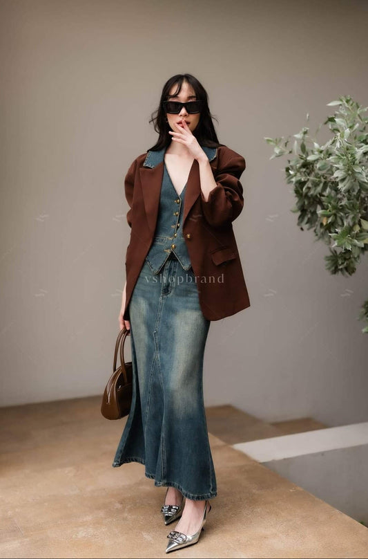 Women's two piece sets vest jeans and two tone collar oversize blazer