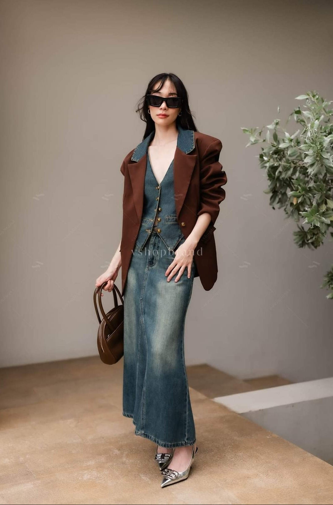 Women's two piece sets vest jeans and two tone collar oversize blazer