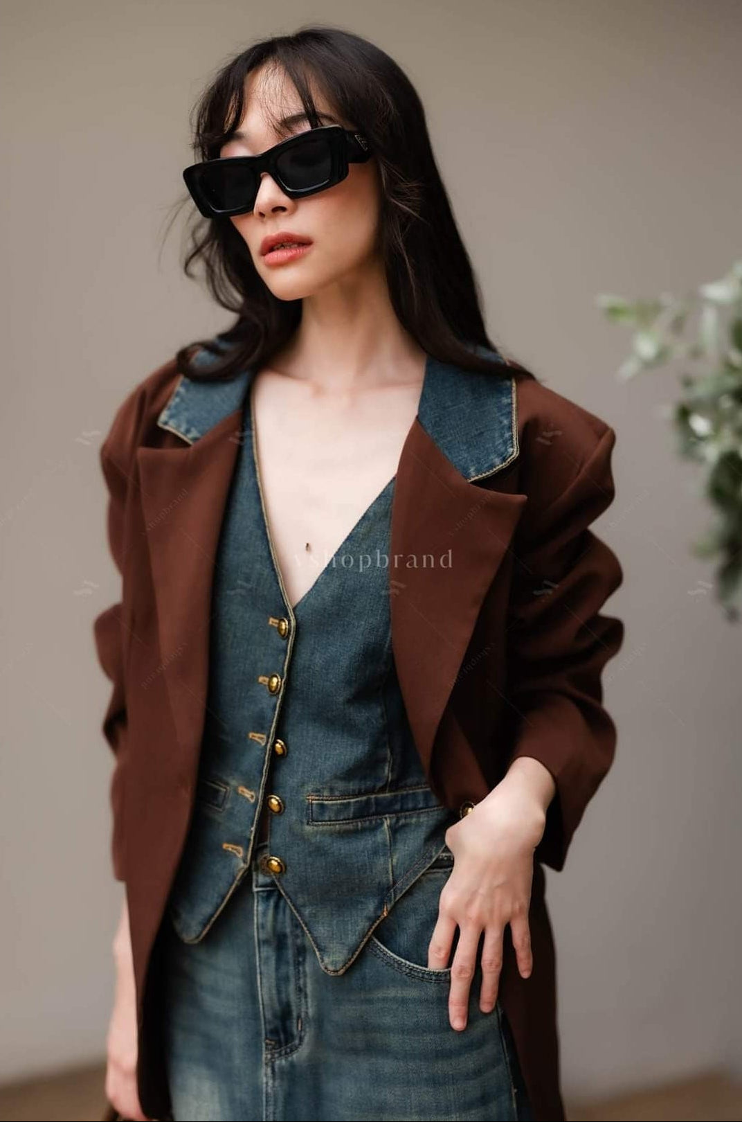 Women's two piece sets vest jeans and two tone collar oversize blazer