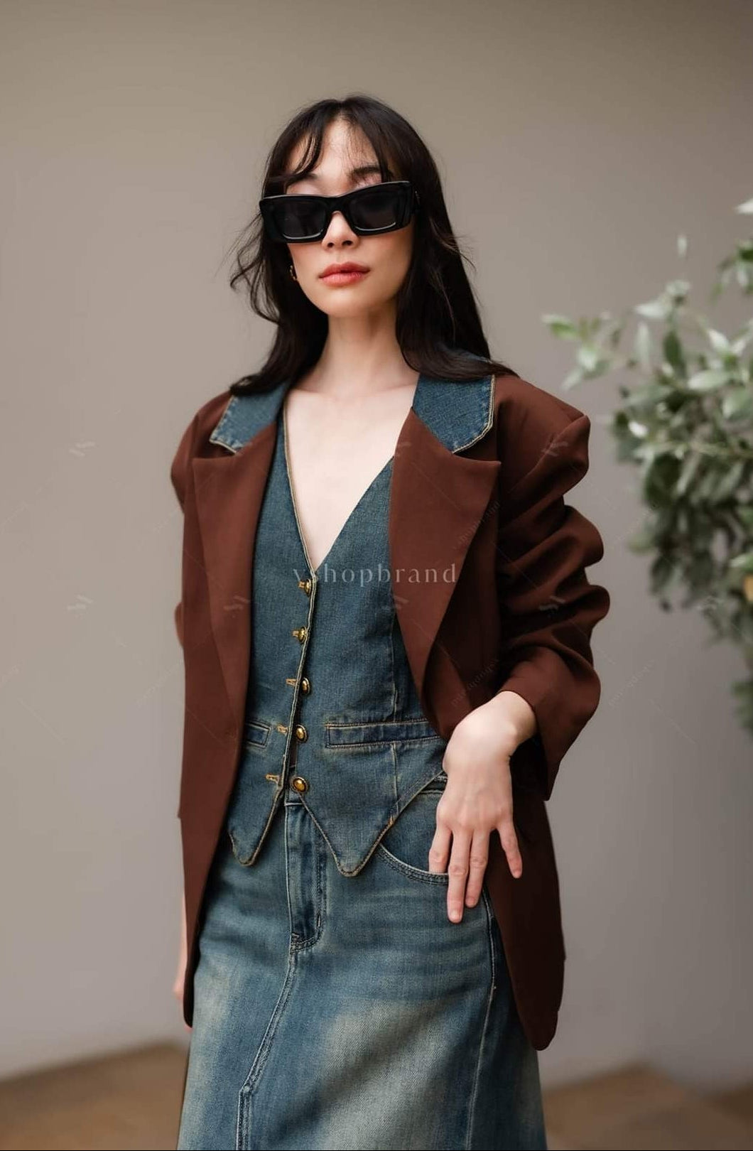 Women's two piece sets vest jeans and two tone collar oversize blazer