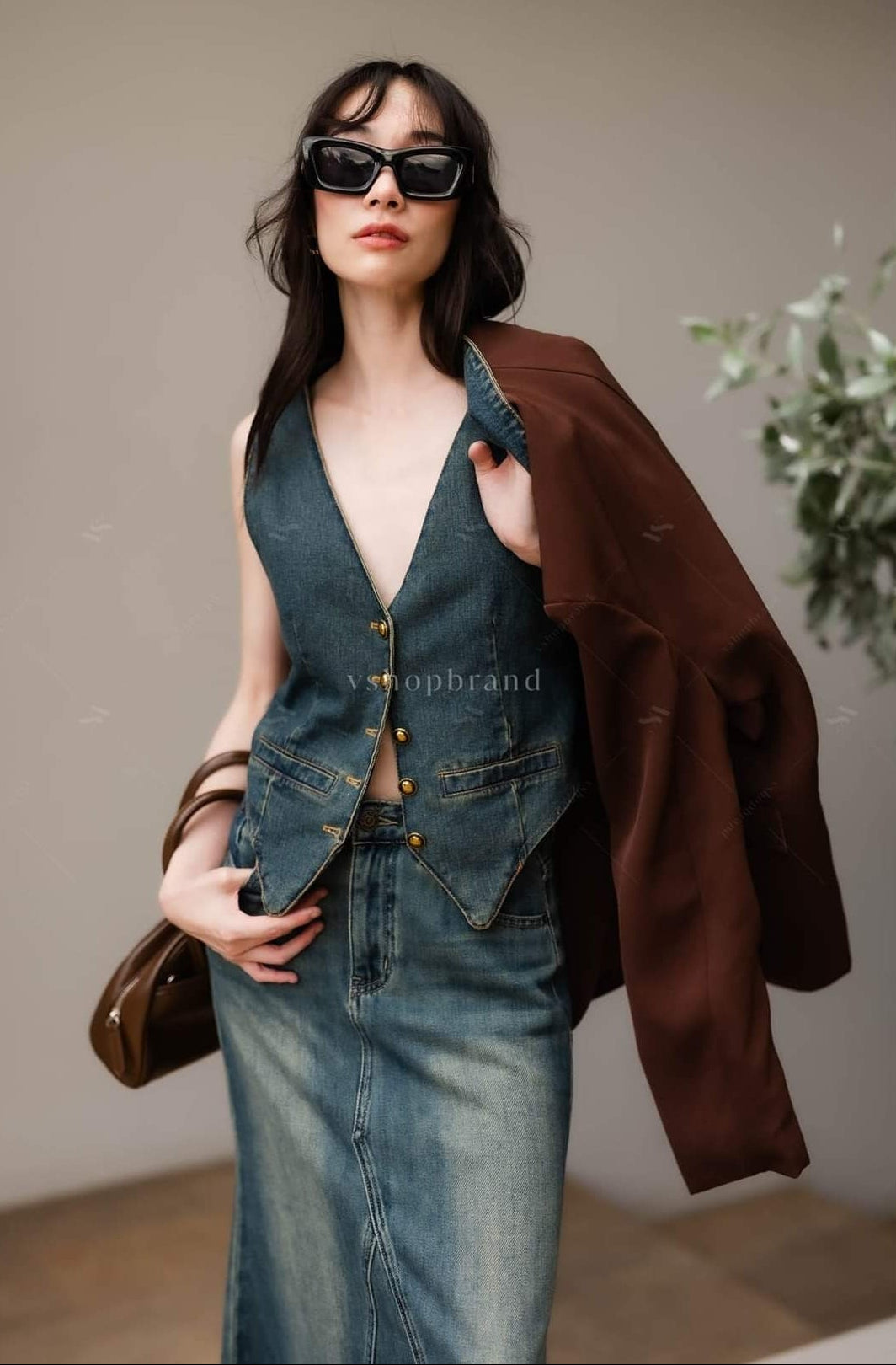Women's two piece sets vest jeans and two tone collar oversize blazer