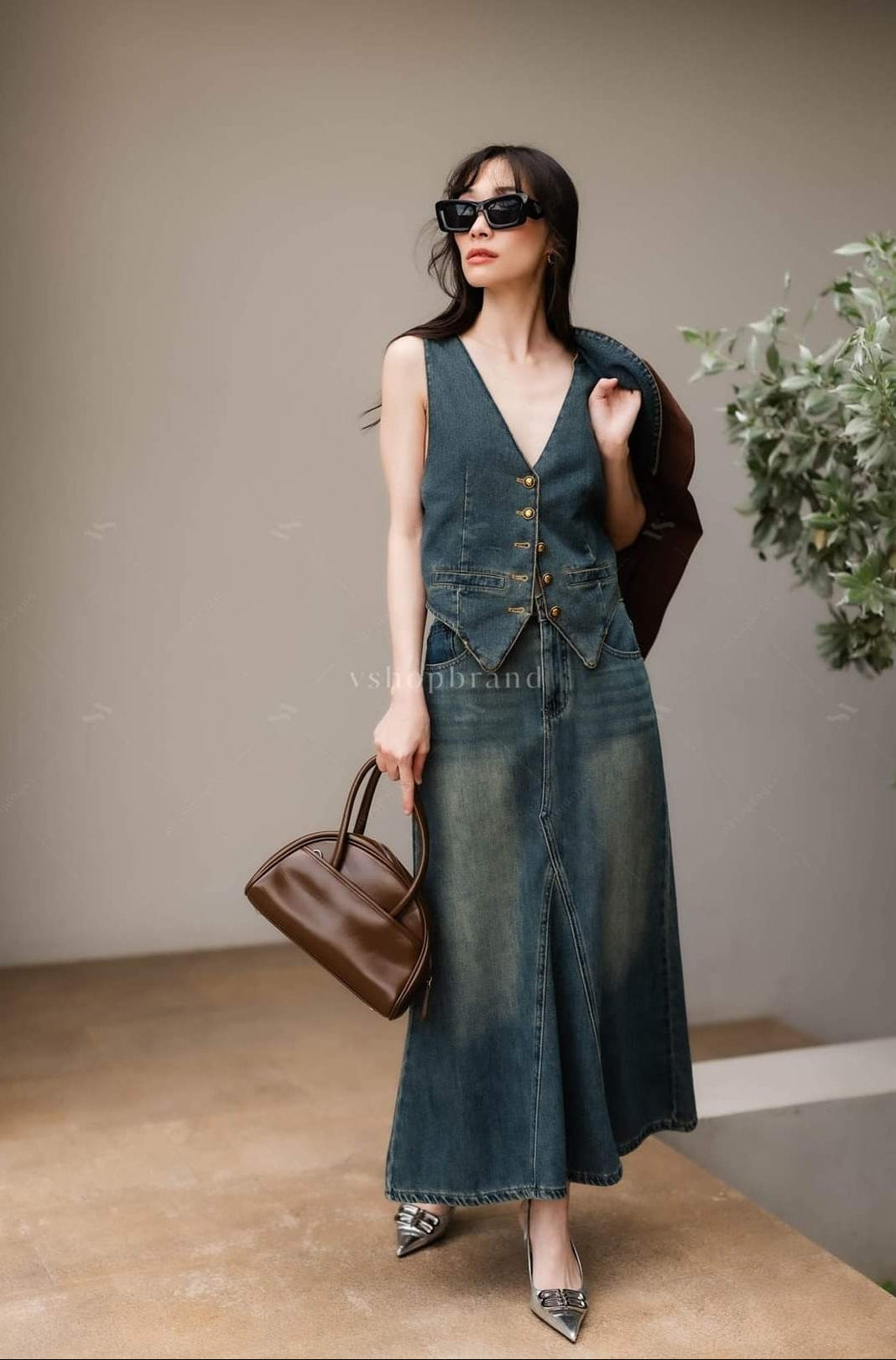 Women's two piece sets vest jeans and two tone collar oversize blazer