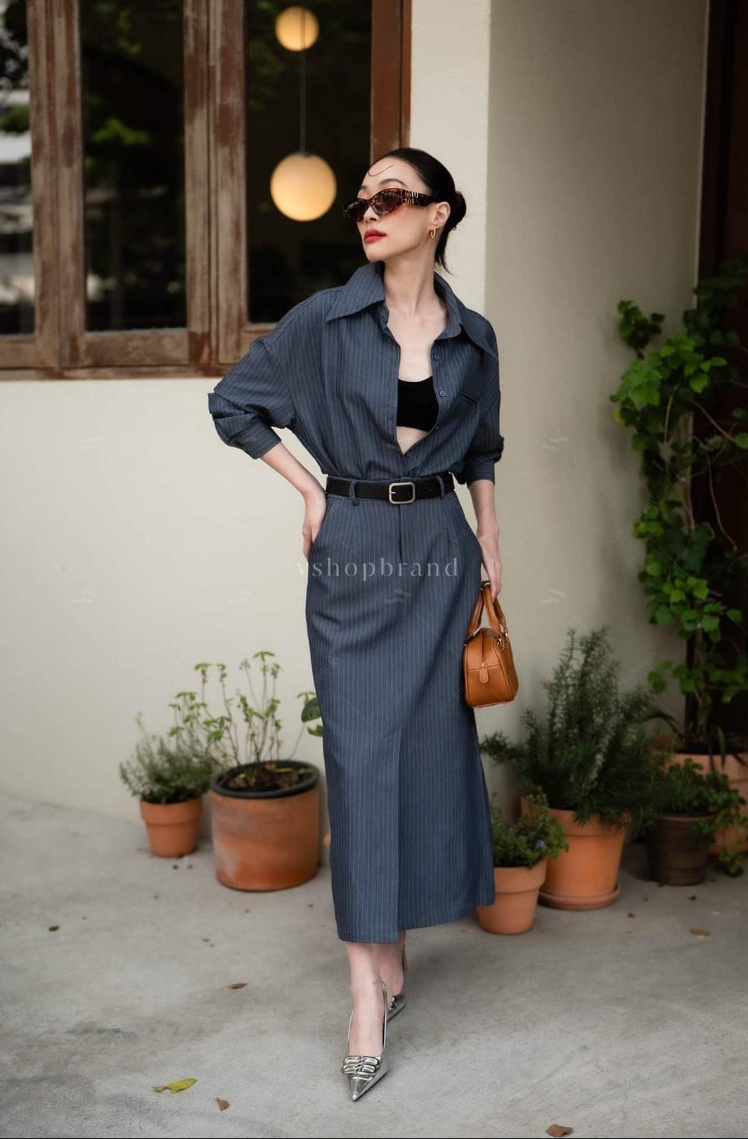 Women's business clothing sets Stripped Shirt with Balt and Straight Front split Skirt