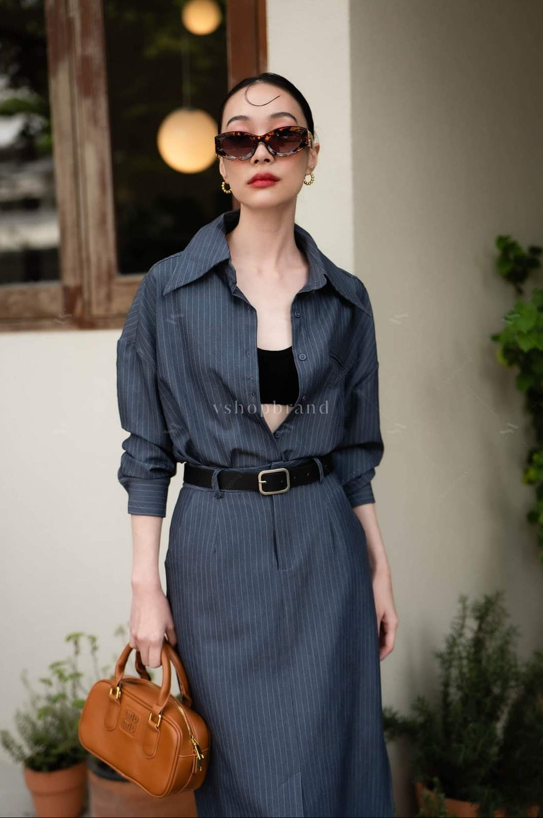 Women's business clothing sets Stripped Shirt with Balt and Straight Front split Skirt