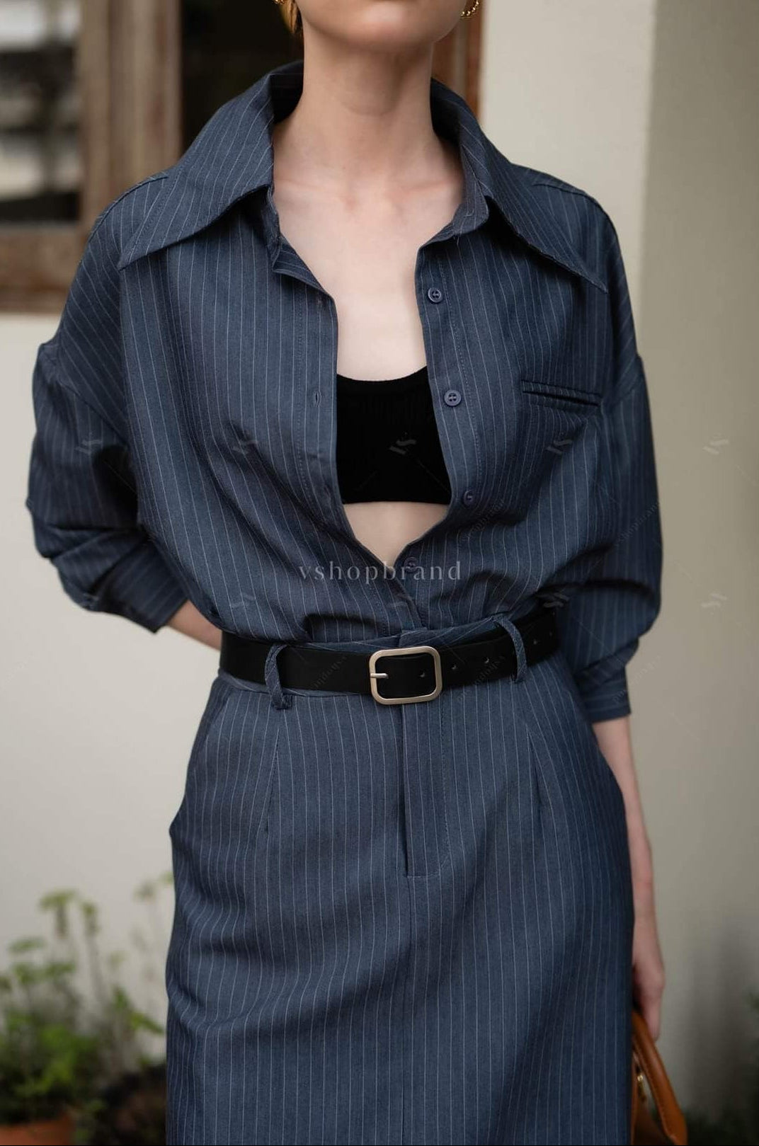 Women's business clothing sets Stripped Shirt with Balt and Straight Front split Skirt
