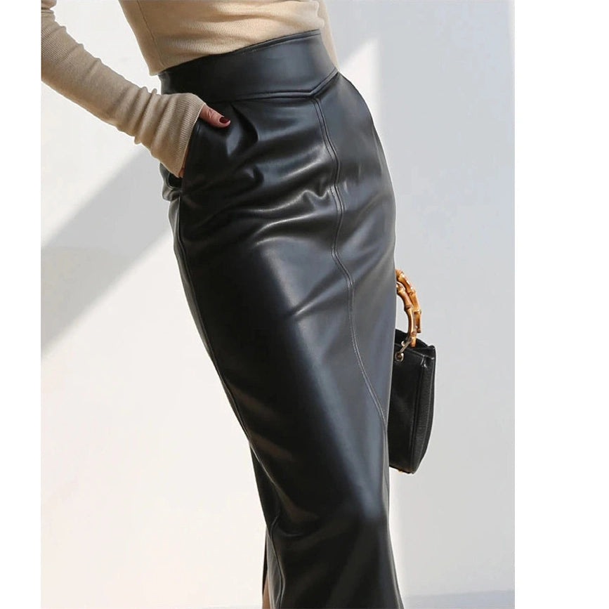 Midi Pu Leather Skirt High Waisted Pencil Side Slit Zipper