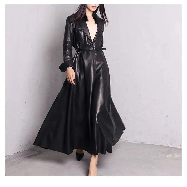 Trench Coat Maxi Pu Leather Elegant Overcoat Jacket
