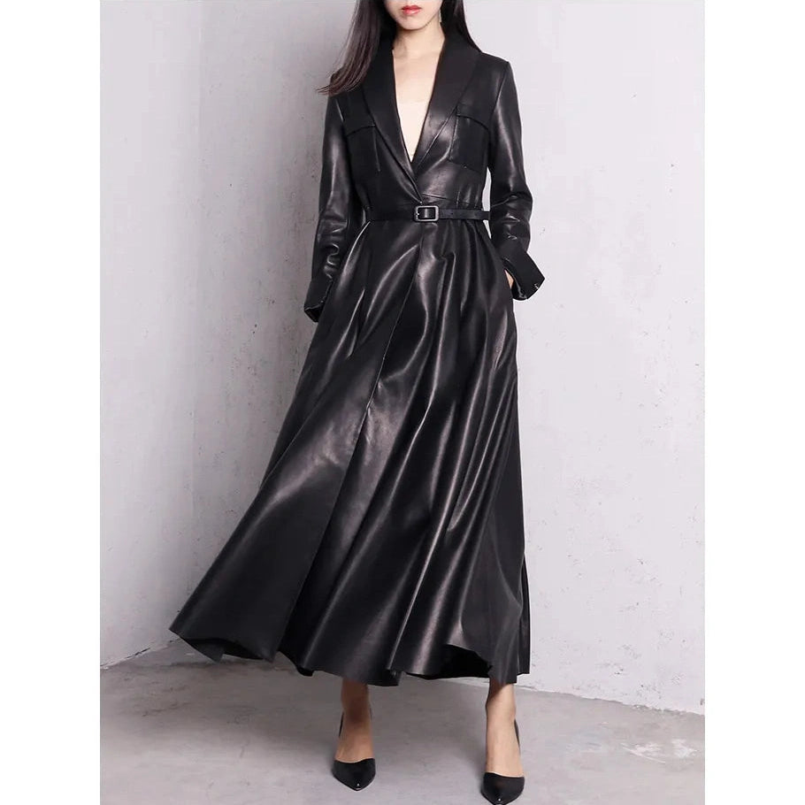 Trench Coat Maxi Pu Leather Elegant Overcoat Jacket