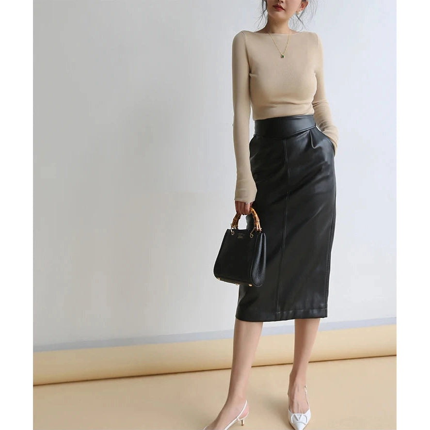 Midi Pu Leather Skirt High Waisted Pencil Side Slit Zipper