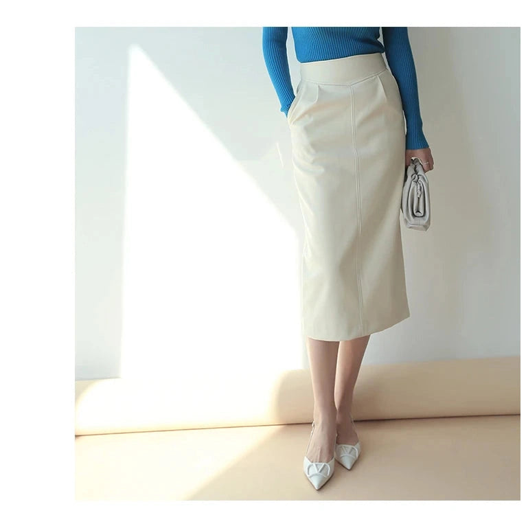 Midi Pu Leather Skirt High Waisted Pencil Side Slit Zipper