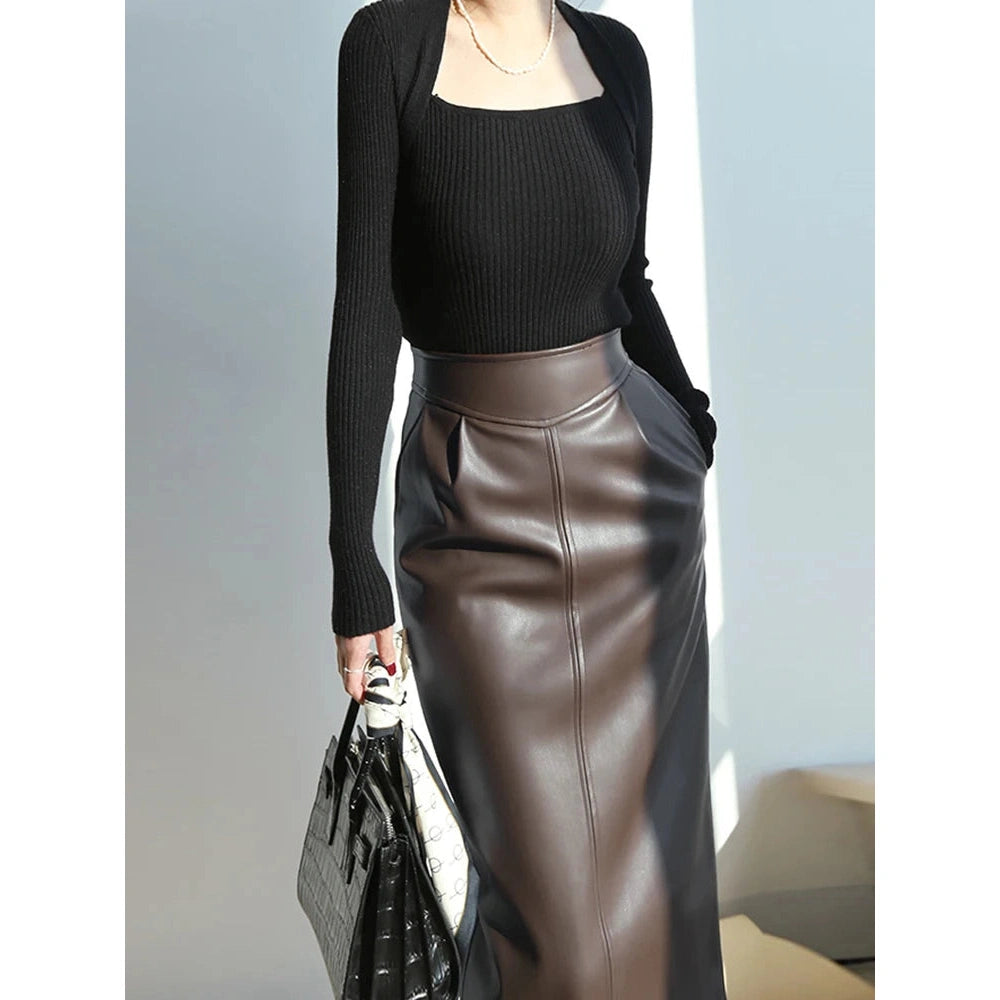 Midi Pu Leather Skirt High Waisted Pencil Side Slit Zipper