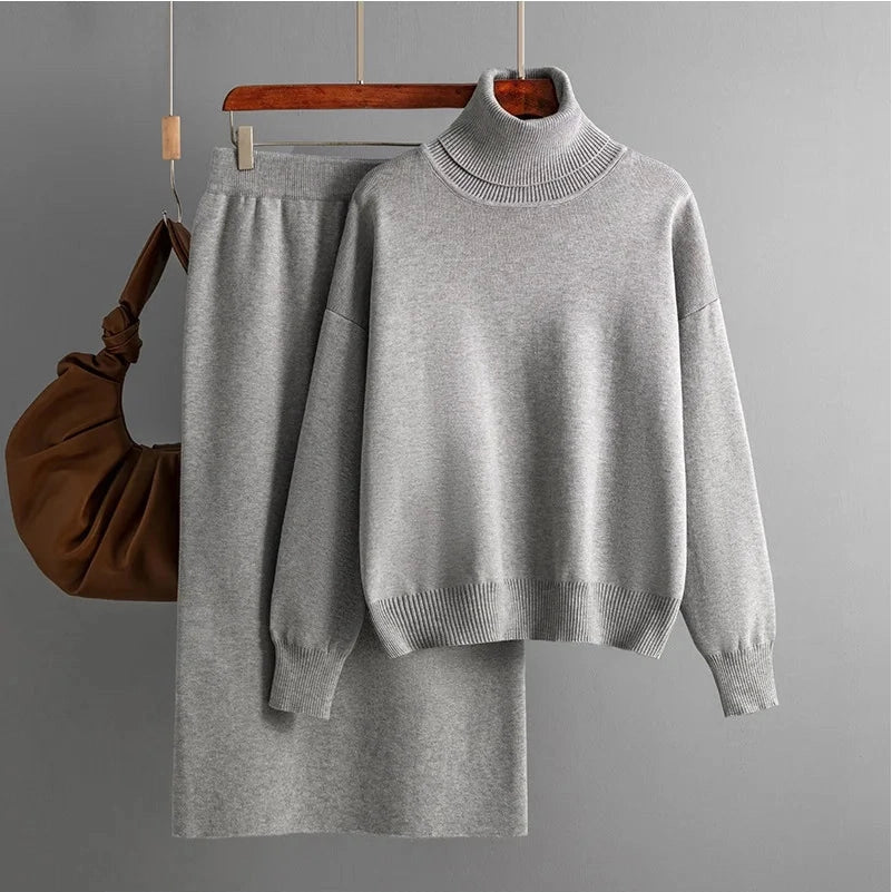 Two Piece Skirts Sets Knitted Solid Turtleneck Sweaters outfit sets