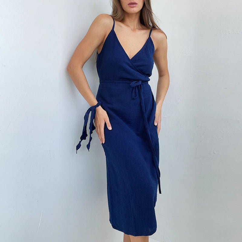 100% Cotton Muslin Women's Dress V-Neck Tie-Up Sexy Bandage