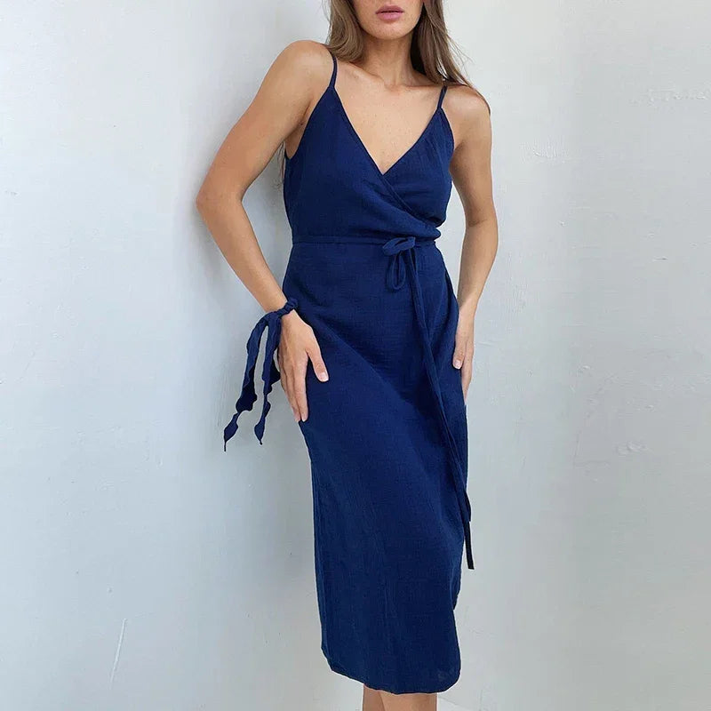 100% Cotton Muslin Women's Dress V-Neck Tie-Up Sexy Bandage