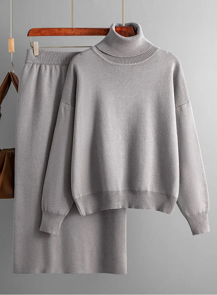 Two Piece Skirts Sets Knitted Solid Turtleneck Sweaters outfit sets