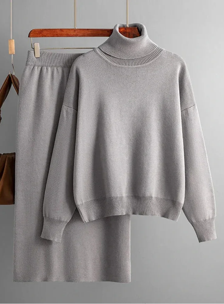 Two Piece Skirts Sets Knitted Solid Turtleneck Sweaters outfit sets