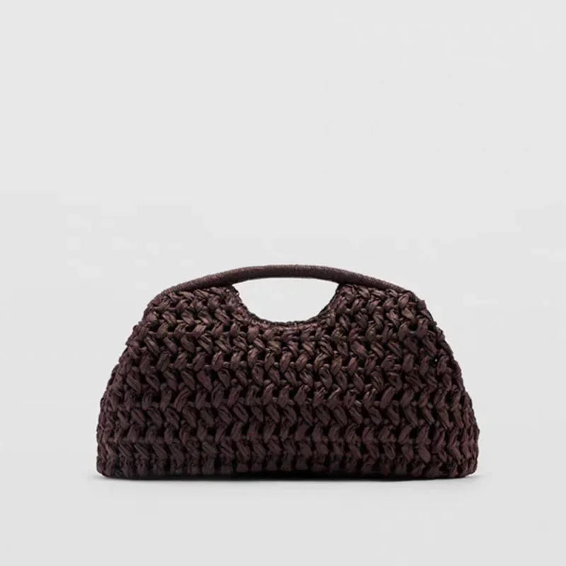 Brown woven handbag on a light gray background