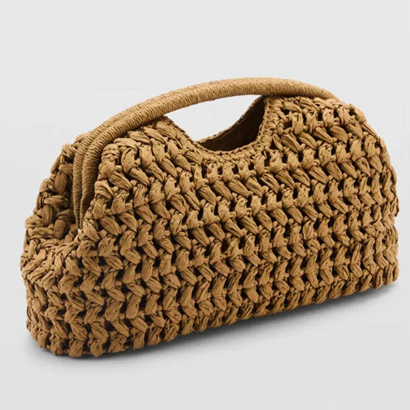 Brown woven handbag on a light gray background