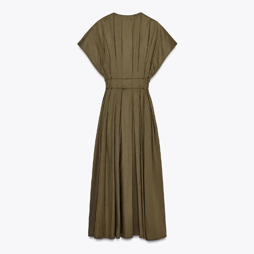 Sexy V-neck Pleated Lace Up Short Sleeve High Waist Long Dresses dresses